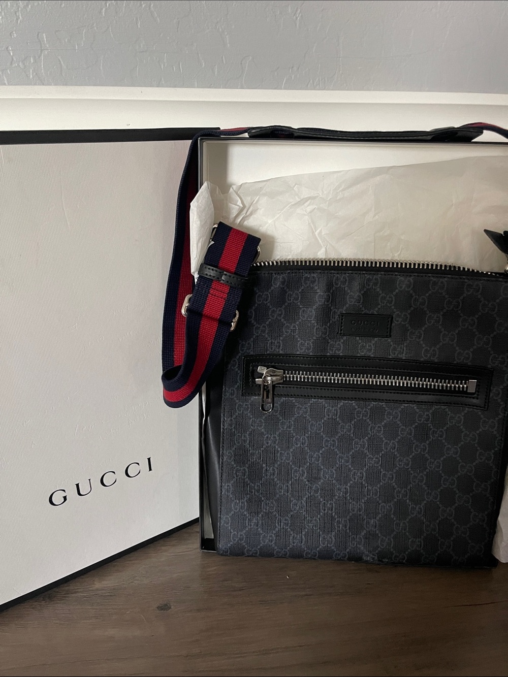 Gucci Black GG Supreme Messenger Bag with Navy-Red Web Strap